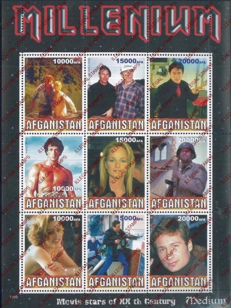 Afghanistan 1999 Movie Stars (Medium) Millenium Illegal Stamp Sheetlet of Nine