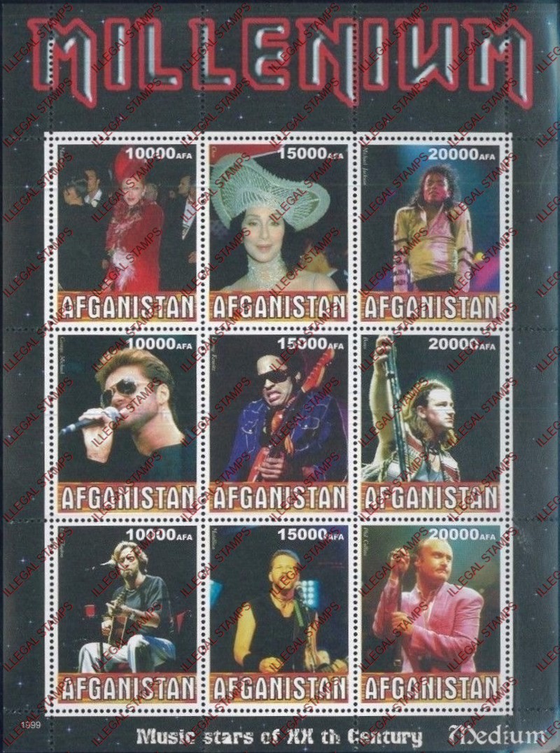 Afghanistan 1999 Music Stars (Medium) Millenium Illegal Stamp Sheetlet of Nine