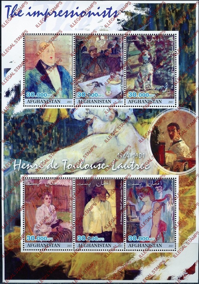 Afghanistan 2001 Impressionists Henri de Toulouse Lautrec Illegal Stamp Sheetlet of Six