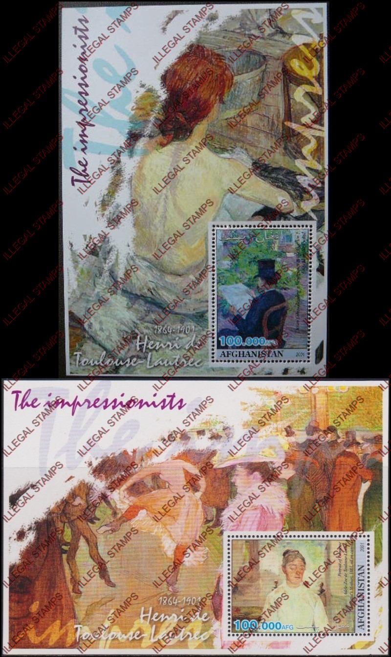 Afghanistan 2001 Impressionists Henri de Toulouse Lautrec Illegal Stamp Souvenir Sheets of One