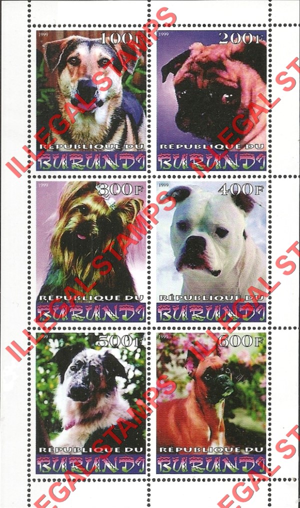 Burundi 1999 Dogs Counterfeit Illegal Stamp Souvenir Sheet of 6