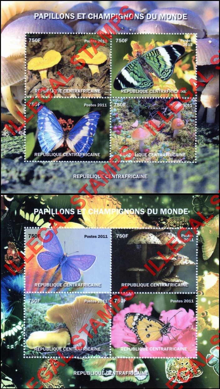 Central African Republic 2011 Butterflies and Mushrooms Illegal Stamp Souvenir Sheets of 4