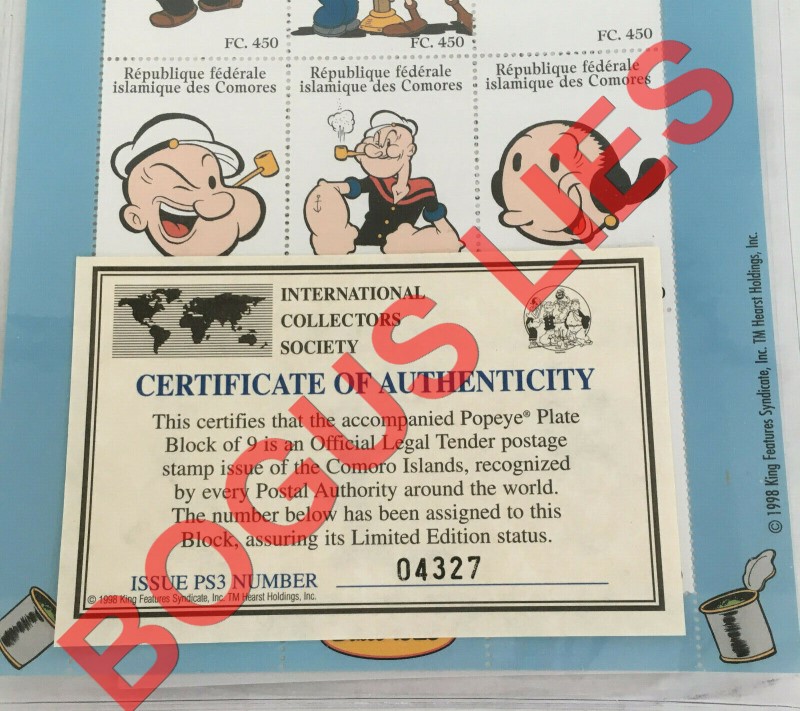 Comoro Islands 1998 Popeye Stamp Souvenir Sheet of 9 with Bogus ICS Certificate