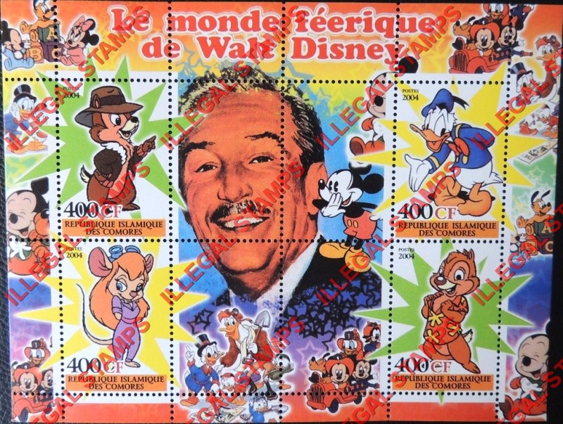 Comoro Islands 2004 The Magical World of Walt Disney Counterfeit Illegal Stamp Souvenir Sheet of 4 (Sheet 1)