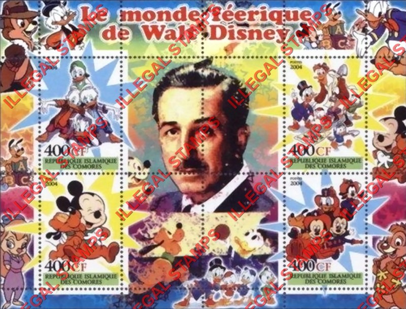 Comoro Islands 2004 The Magical World of Walt Disney Counterfeit Illegal Stamp Souvenir Sheet of 4 (Sheet 3)
