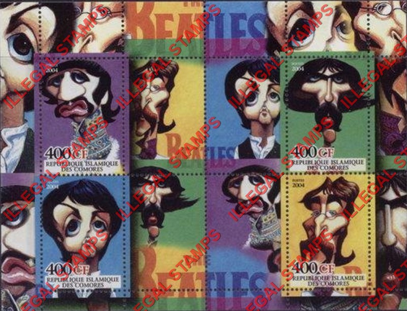 Comoro Islands 2004 The Beatles Counterfeit Illegal Stamp Souvenir Sheet of 4 (Sheet 2)