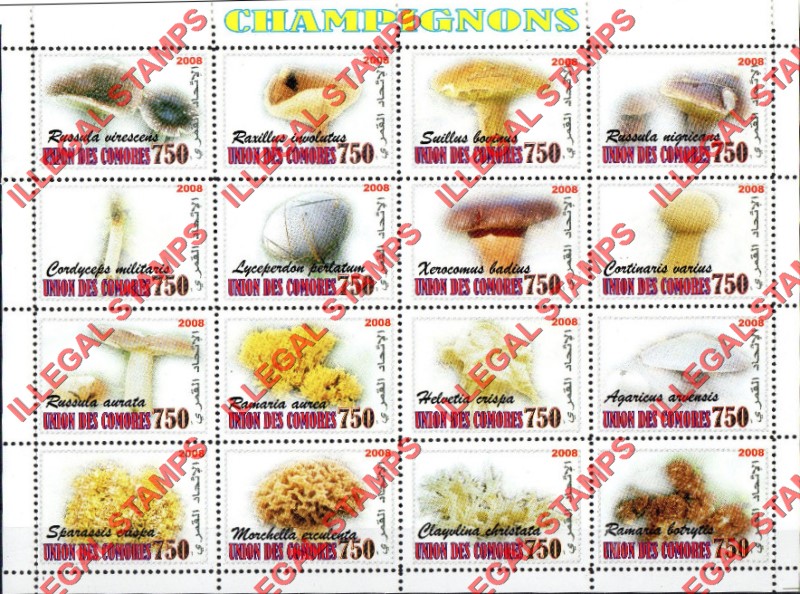 Comoro Islands 2008 Mushrooms Counterfeit Illegal Stamp Souvenir Sheet of 16