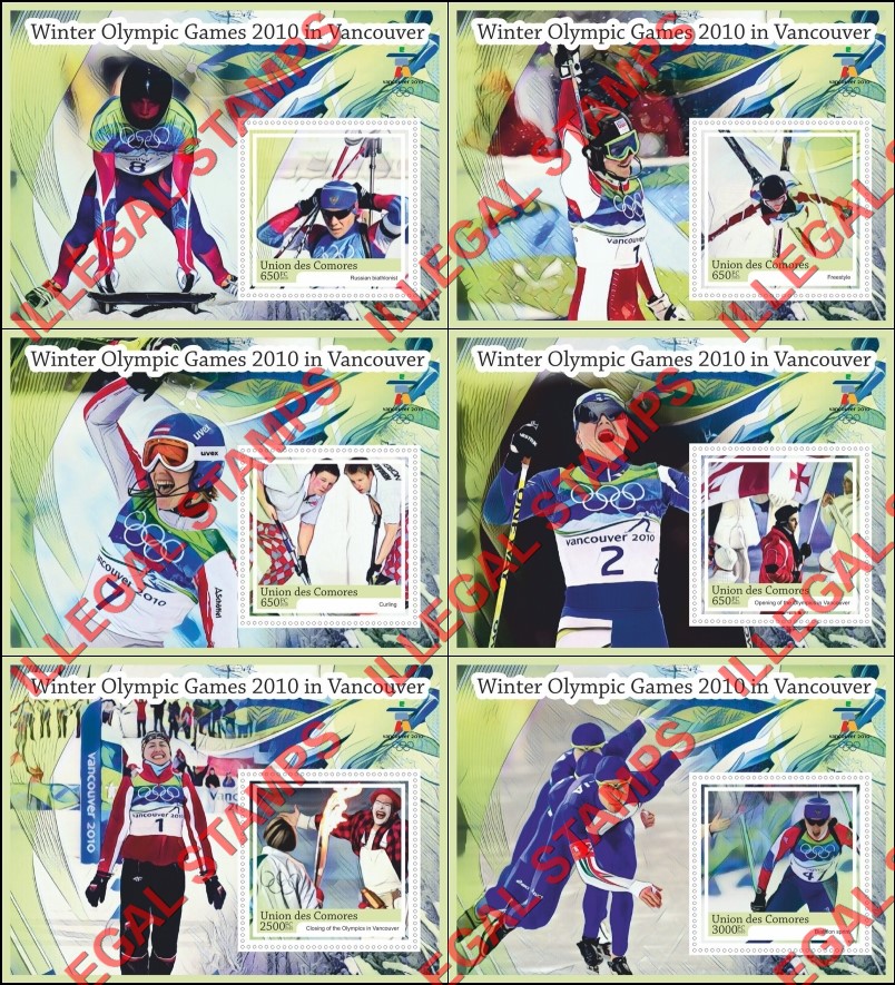 Comoro Islands 2010 Olympic Games in Vancouver Counterfeit Illegal Stamp Souvenir Sheets of 1