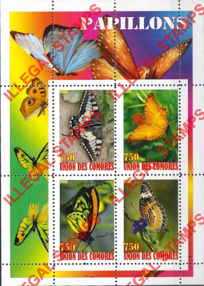 Comoro Islands 2011 Butterflies Counterfeit Illegal Stamp Souvenir Sheet of 4