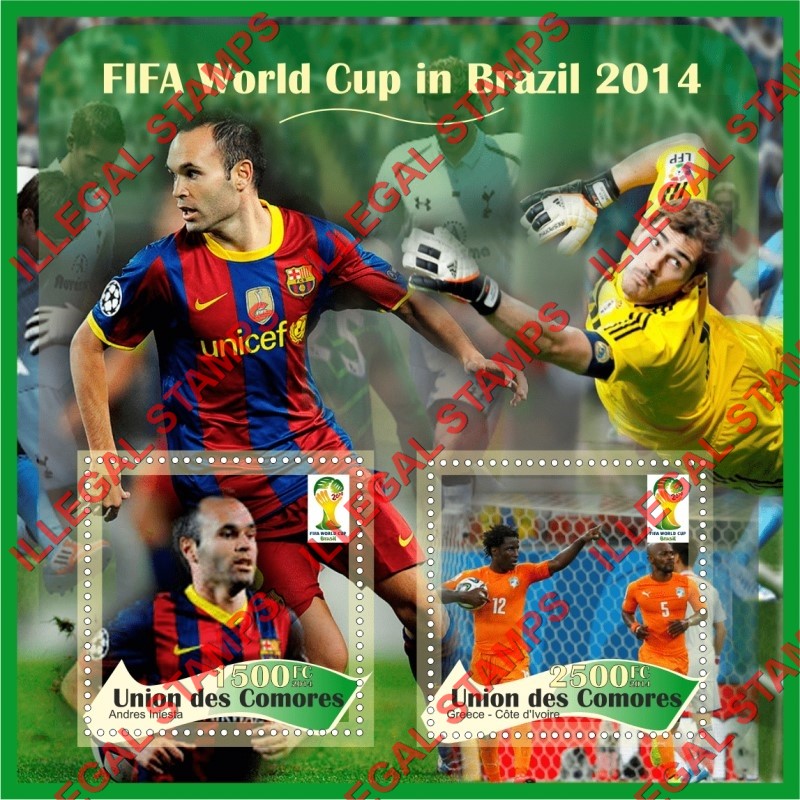 Comoro Islands 2014 FIFA World Cup Soccer in Brazil Counterfeit Illegal Stamp Souvenir Sheet of 2