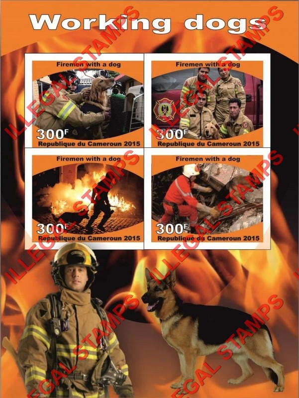 Comoro Islands 2015 Working Dogs Firemen with a Dog Counterfeit Illegal Stamp Souvenir Sheet of 4