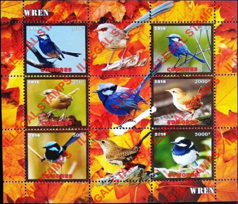 Comoro Islands 2016 Birds Wrens Counterfeit Illegal Stamp Souvenir Sheet of 6