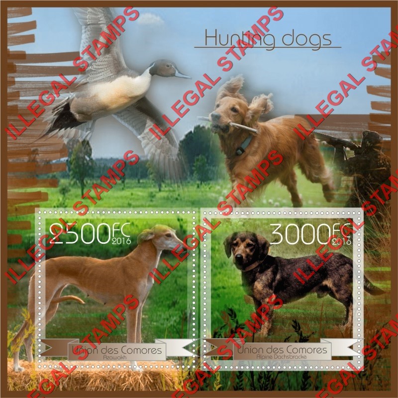 Comoro Islands 2016 Dogs Hunting Dogs Counterfeit Illegal Stamp Souvenir Sheet of 2
