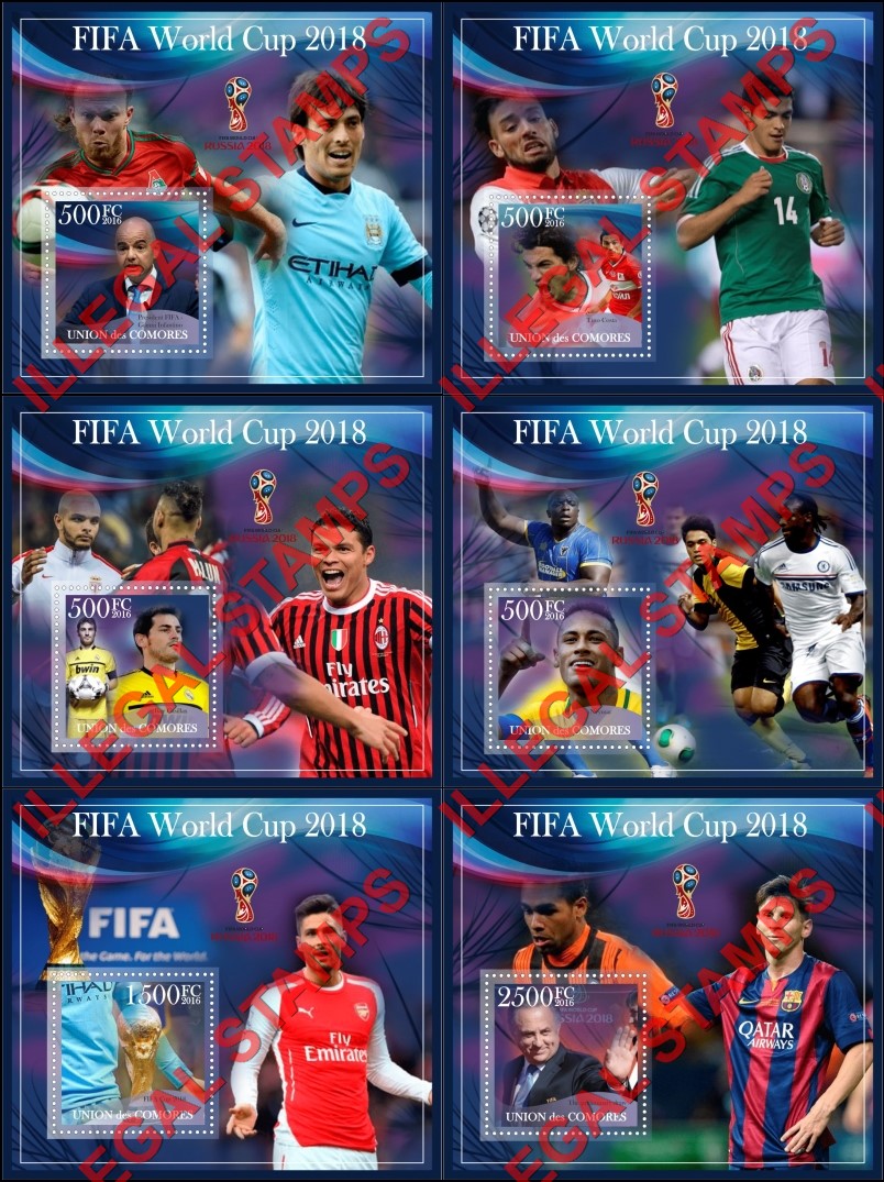 Comoro Islands 2016 FIFA World Cup Soccer in 2018 Counterfeit Illegal Stamp Souvenir Sheets of 1