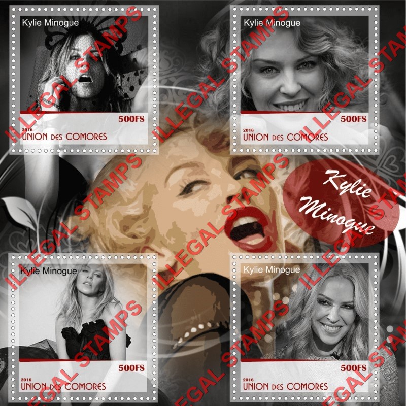 Comoro Islands 2016 Kylie Minogue Counterfeit Illegal Stamp Souvenir Sheet of 4