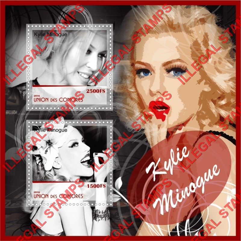 Comoro Islands 2016 Kylie Minogue Counterfeit Illegal Stamp Souvenir Sheet of 2