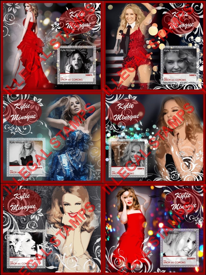 Comoro Islands 2016 Kylie Minogue Counterfeit Illegal Stamp Souvenir Sheets of 1