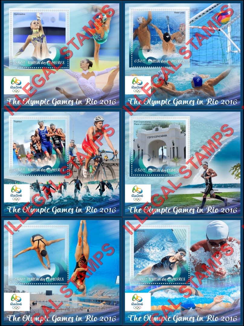 Comoro Islands 2016 Olympic Games in Rio (different) Counterfeit Illegal Stamp Souvenir Sheets of 1