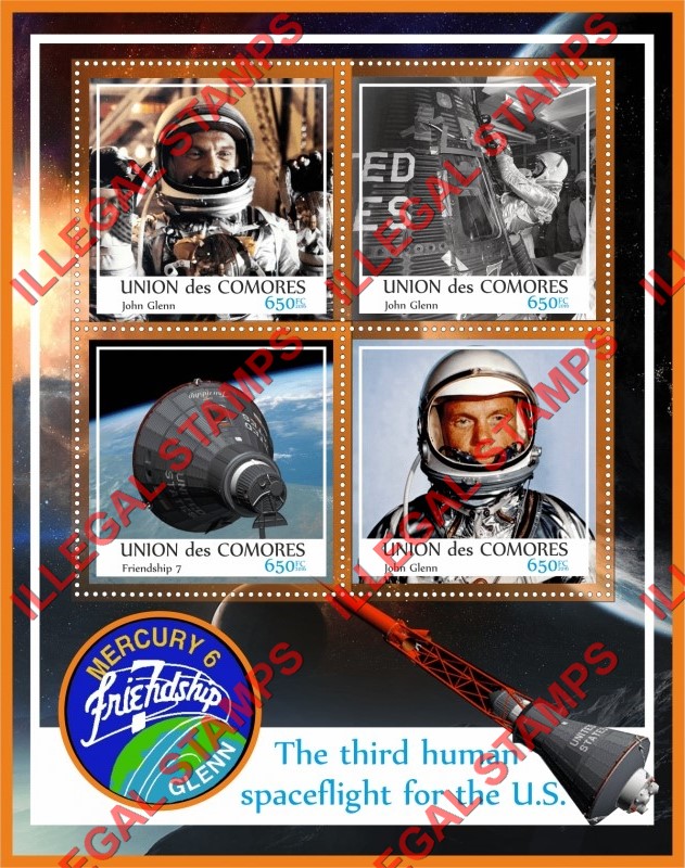 Comoro Islands 2016 Space Mercury 6 John Glenn Counterfeit Illegal Stamp Souvenir Sheet of 4