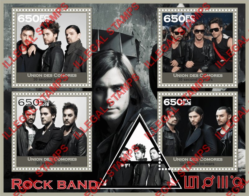 Comoro Islands 2016 Thirty Seconds to Mars Rock Band Counterfeit Illegal Stamp Souvenir Sheet of 4