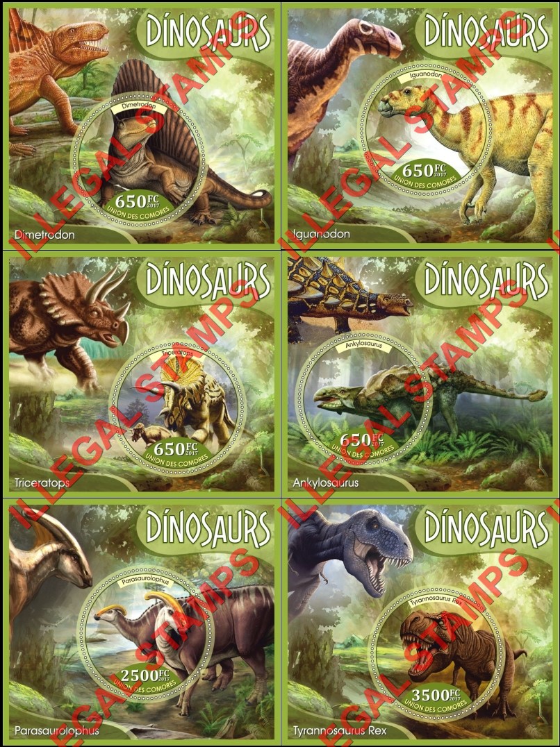 Comoro Islands 2017 Dinosaurs (different) Counterfeit Illegal Stamp Souvenir Sheets of 1