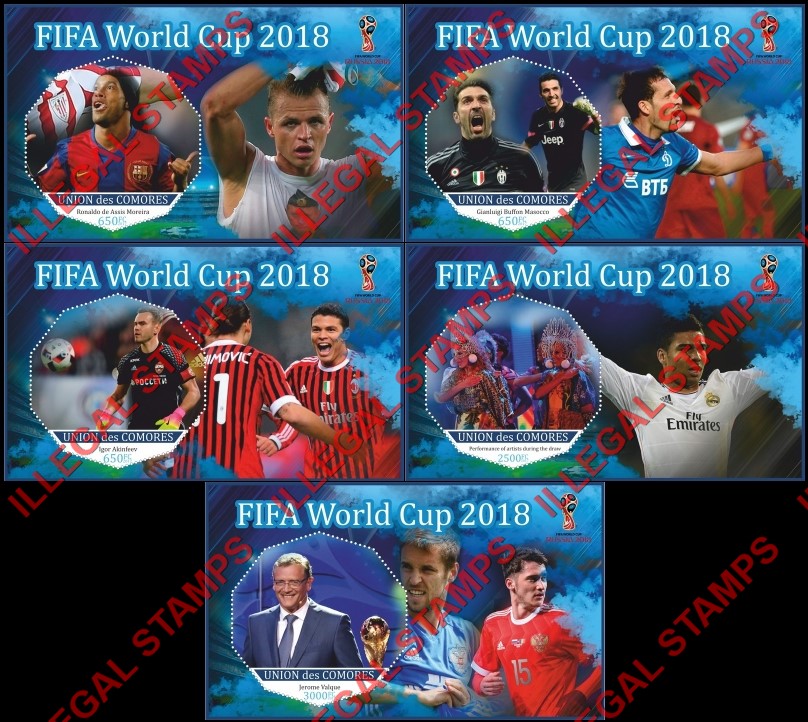 Comoro Islands 2017 FIFA World Cup Soccer in Russia in 2018 Counterfeit Illegal Stamp Souvenir Sheets of 1