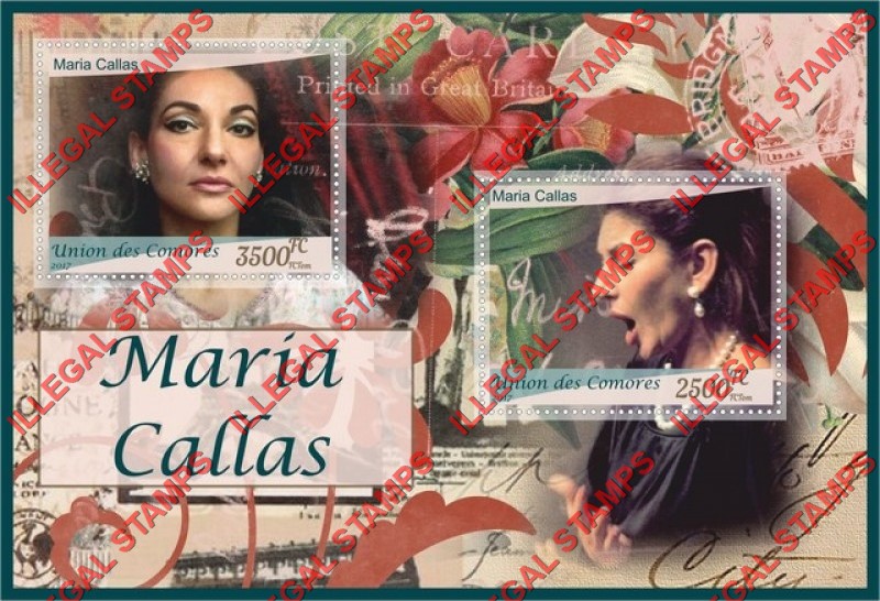 Comoro Islands 2017 Maria Callas Soprano Singer Counterfeit Illegal Stamp Souvenir Sheet of 2