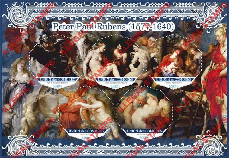Comoro Islands 2017 Paintings by Peter Paul Rubens (different) Counterfeit Illegal Stamp Souvenir Sheet of 5