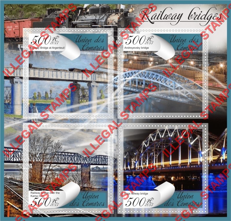 Comoro Islands 2017 Railway Bridges Counterfeit Illegal Stamp Souvenir Sheet of 4