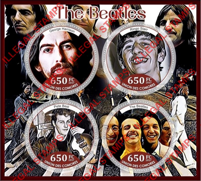 Comoro Islands 2017 The Beatles (different) Counterfeit Illegal Stamp Souvenir Sheet of 4