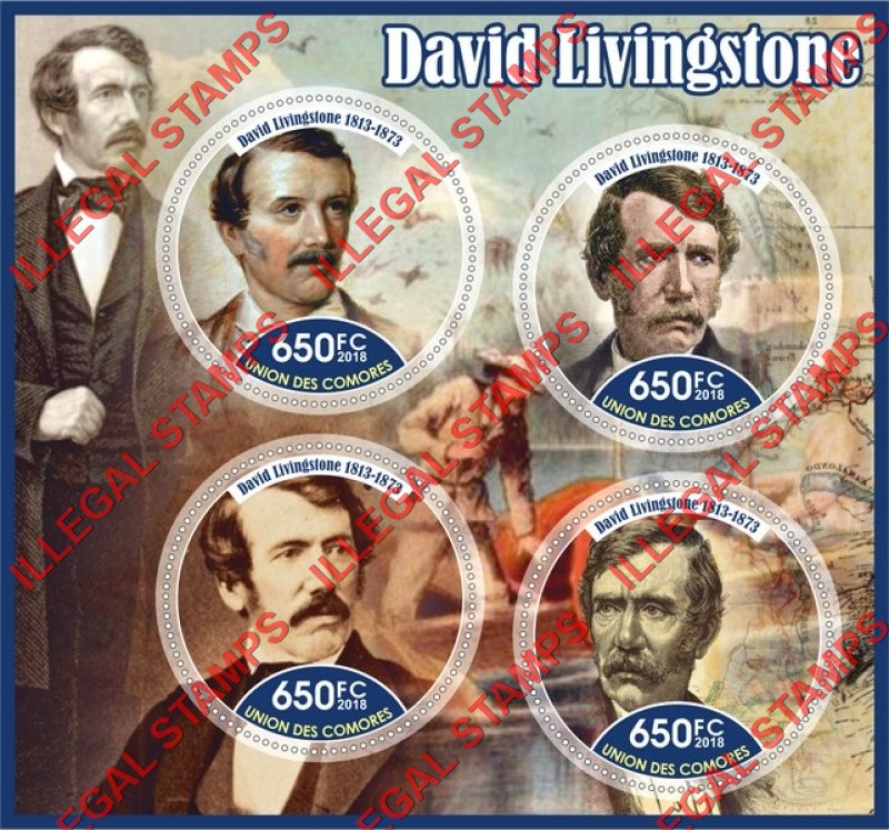 Comoro Islands 2018 David Livingstone Counterfeit Illegal Stamp Souvenir Sheet of 4