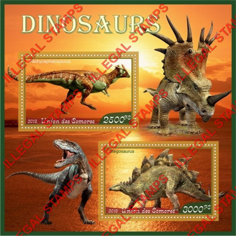 Comoro Islands 2018 Dinosaurs Counterfeit Illegal Stamp Souvenir Sheet of 2