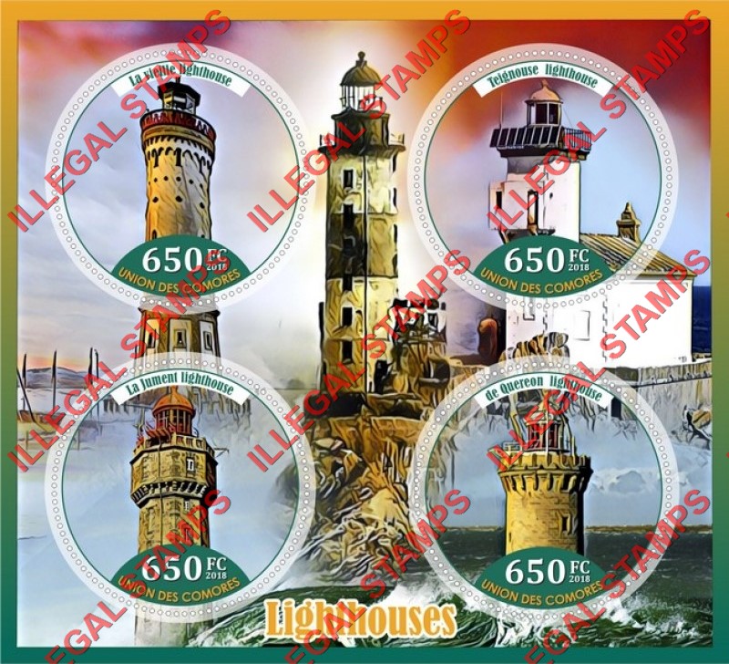 Comoro Islands 2018 Lighthouses Counterfeit Illegal Stamp Souvenir Sheet of 4