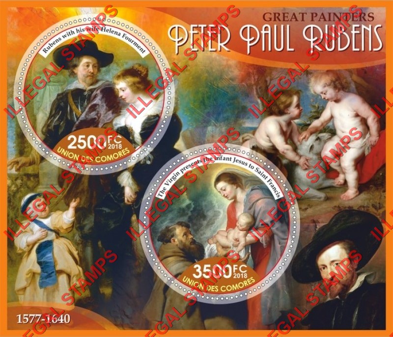Comoro Islands 2018 Paintings by Peter Paul Rubens Counterfeit Illegal Stamp Souvenir Sheet of 2