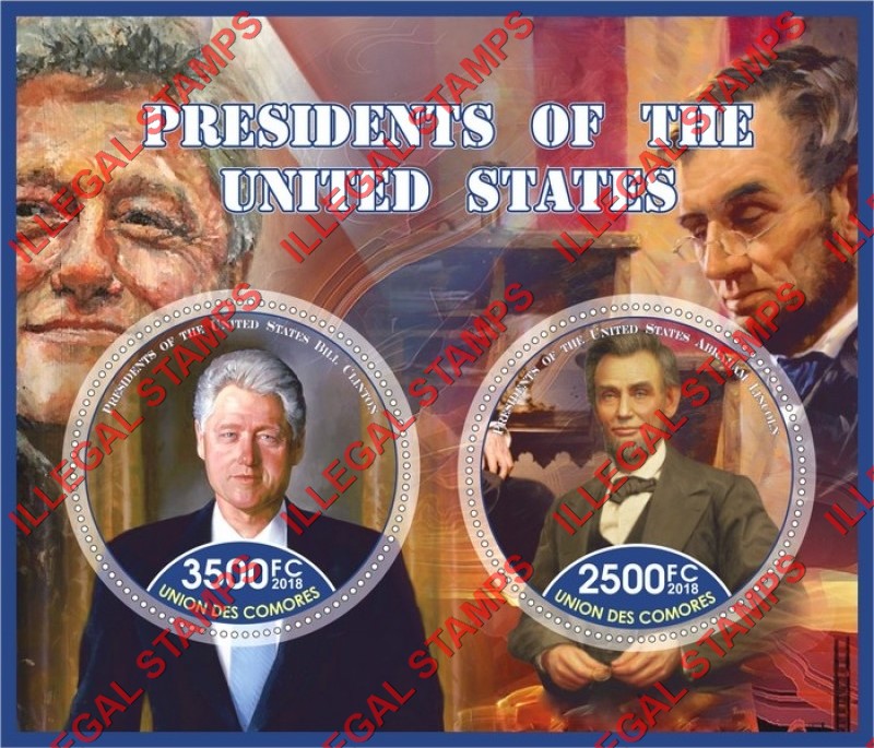 Comoro Islands 2018 Presidents of the United States Counterfeit Illegal Stamp Souvenir Sheet of 2
