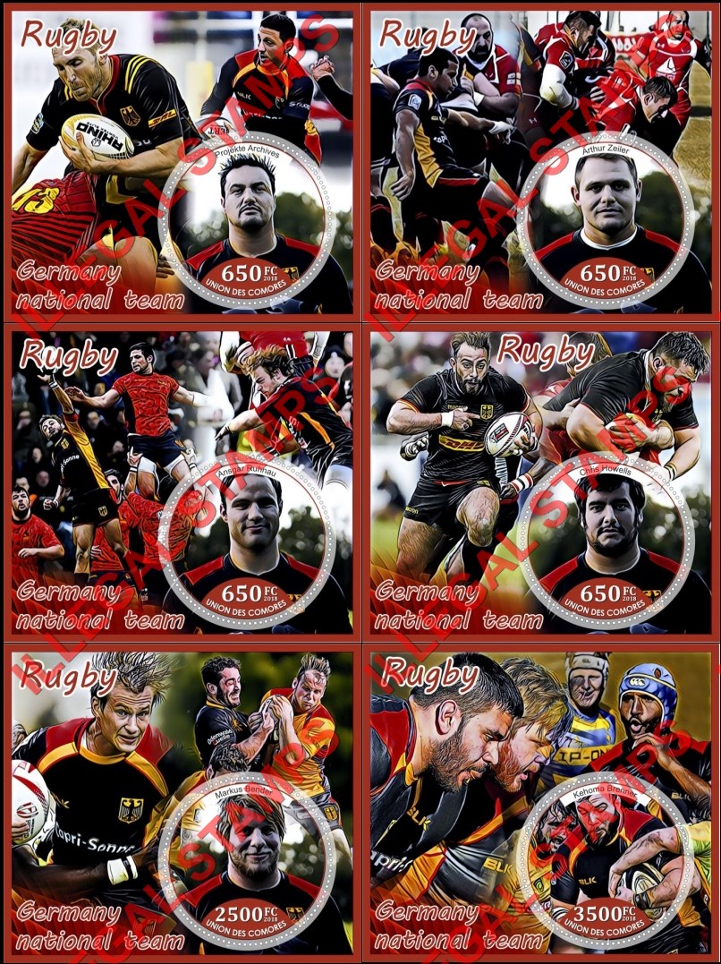Comoro Islands 2018 Rugby Players Germany National Team Counterfeit Illegal Stamp Souvenir Sheets of 1