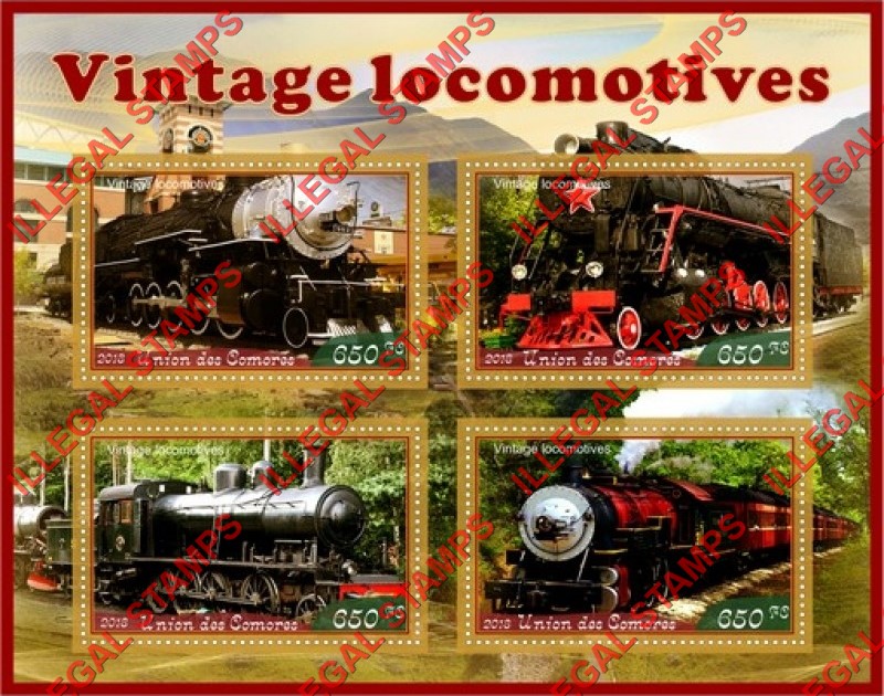 Comoro Islands 2018 Vintage Locomotives (different a) Counterfeit Illegal Stamp Souvenir Sheet of 4