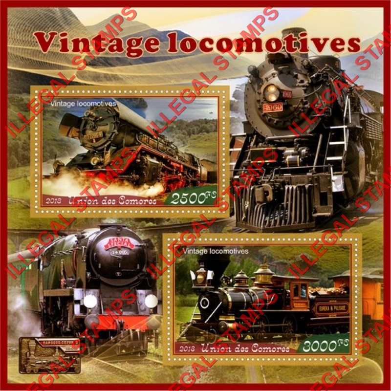 Comoro Islands 2018 Vintage Locomotives (different a) Counterfeit Illegal Stamp Souvenir Sheet of 2