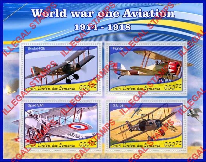 Comoro Islands 2018 World War I Aviation Counterfeit Illegal Stamp Souvenir Sheet of 4