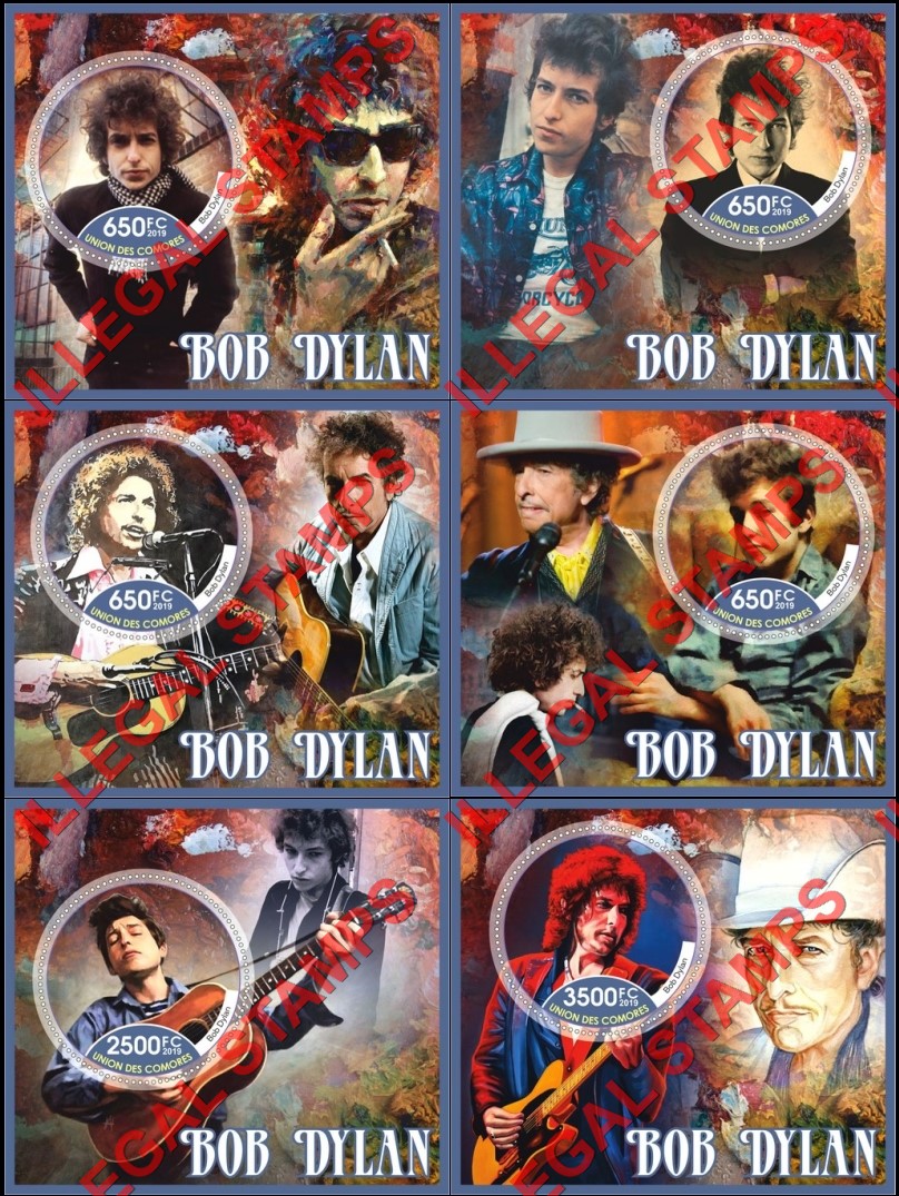 Comoro Islands 2019 Bob Dylan (different) Counterfeit Illegal Stamp Souvenir Sheets of 1