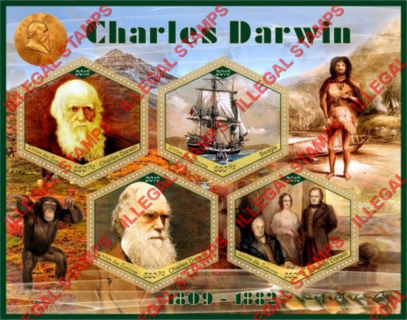 Comoro Islands 2019 Charles Darwin Counterfeit Illegal Stamp Souvenir Sheet of 4