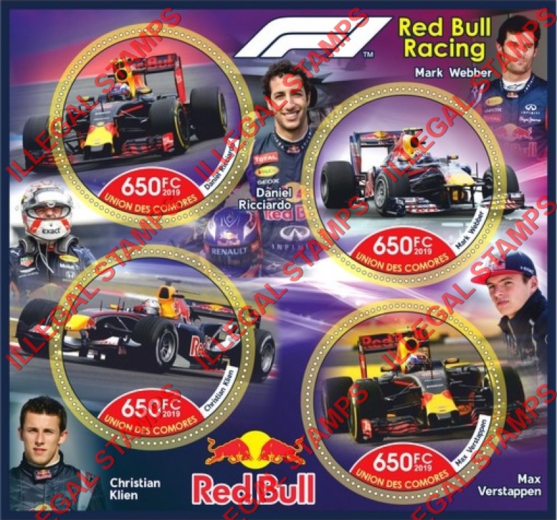 Comoro Islands 2019 Formula I Red Bull Racing Cars Counterfeit Illegal Stamp Souvenir Sheet of 4