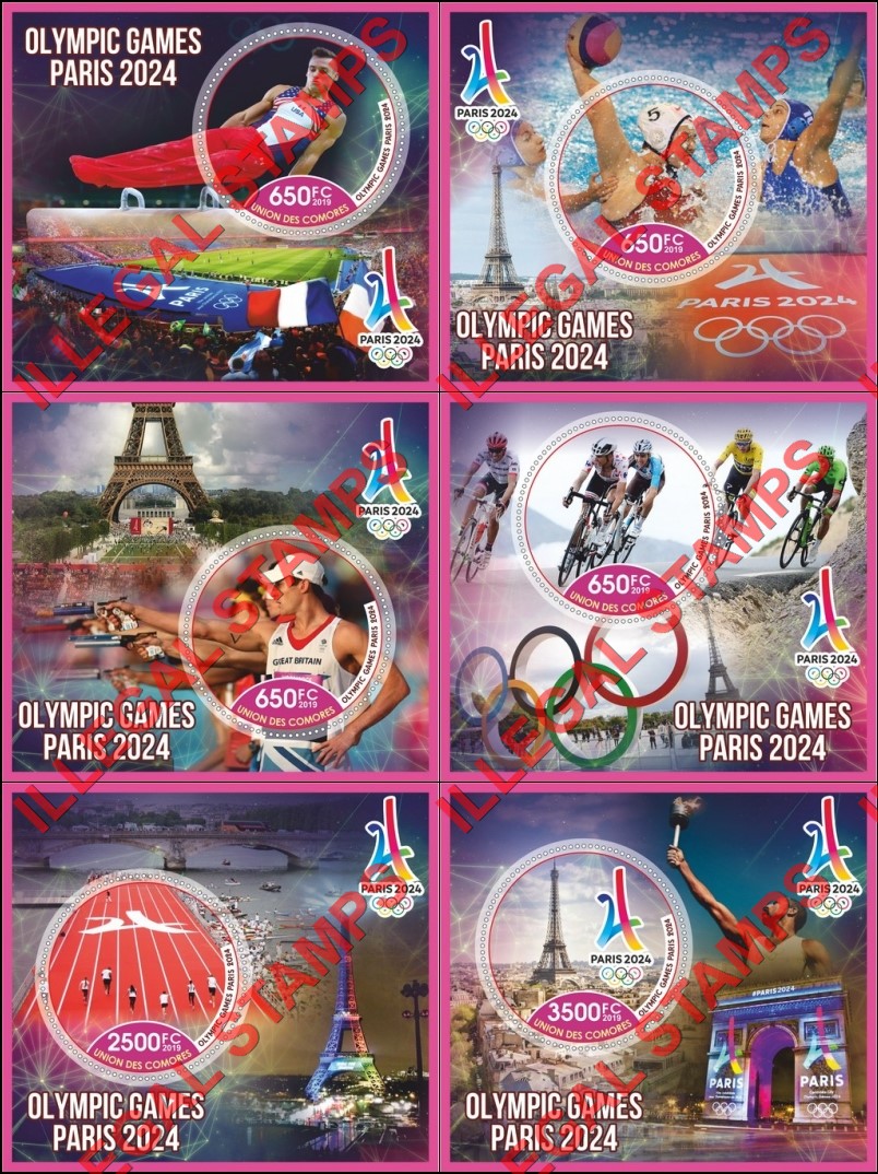 Comoro Islands 2019 Olympic Games in Paris in 2024 (different) Counterfeit Illegal Stamp Souvenir Sheets of 1