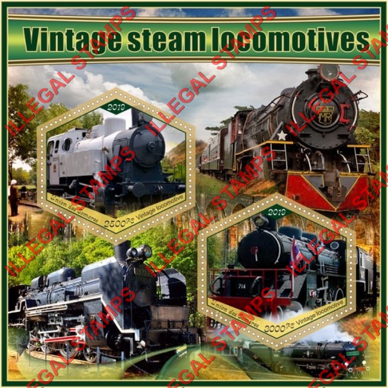 Comoro Islands 2019 Vintage Steam Locomotives Counterfeit Illegal Stamp Souvenir Sheet of 2