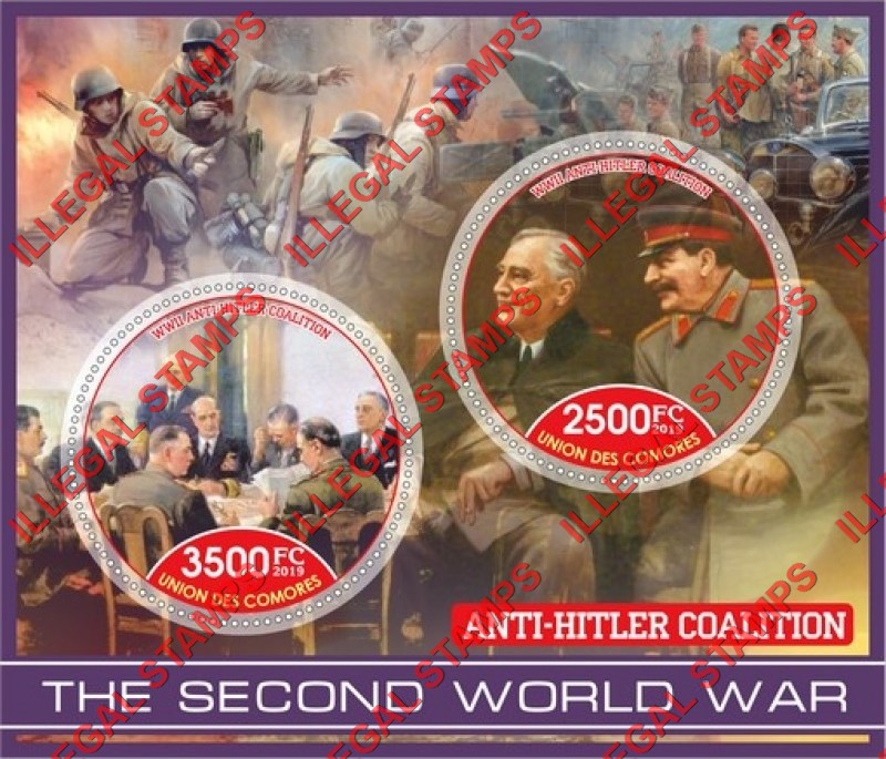 Comoro Islands 2019 World War II Anti-Hitler Coalition Counterfeit Illegal Stamp Souvenir Sheet of 2