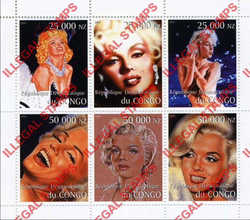 Congo Democratic Republic 1997 Marilyn Monroe Illegal Stamp Souvenir Sheet of 6