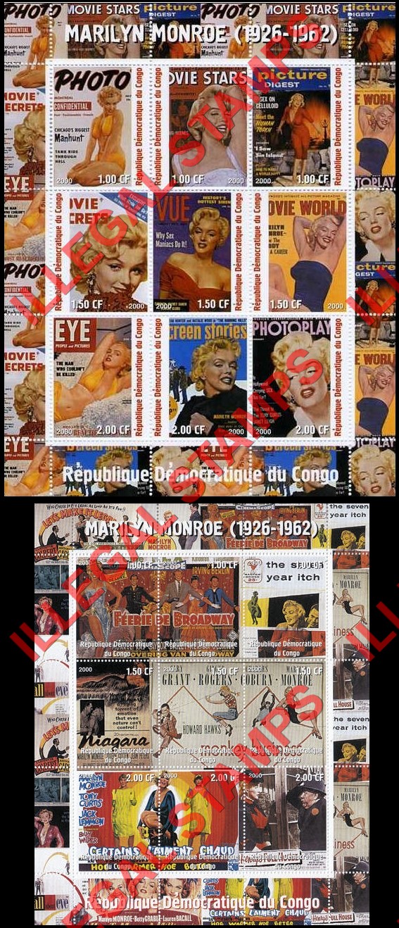 Congo Democratic Republic 2000 Marilyn Monroe Illegal Stamp Sheets of 9 (Part 2)