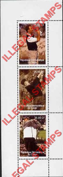 Congo Democratic Republic 2000 Movie Stars Playing Golf Illegal Stamp Strip of 3