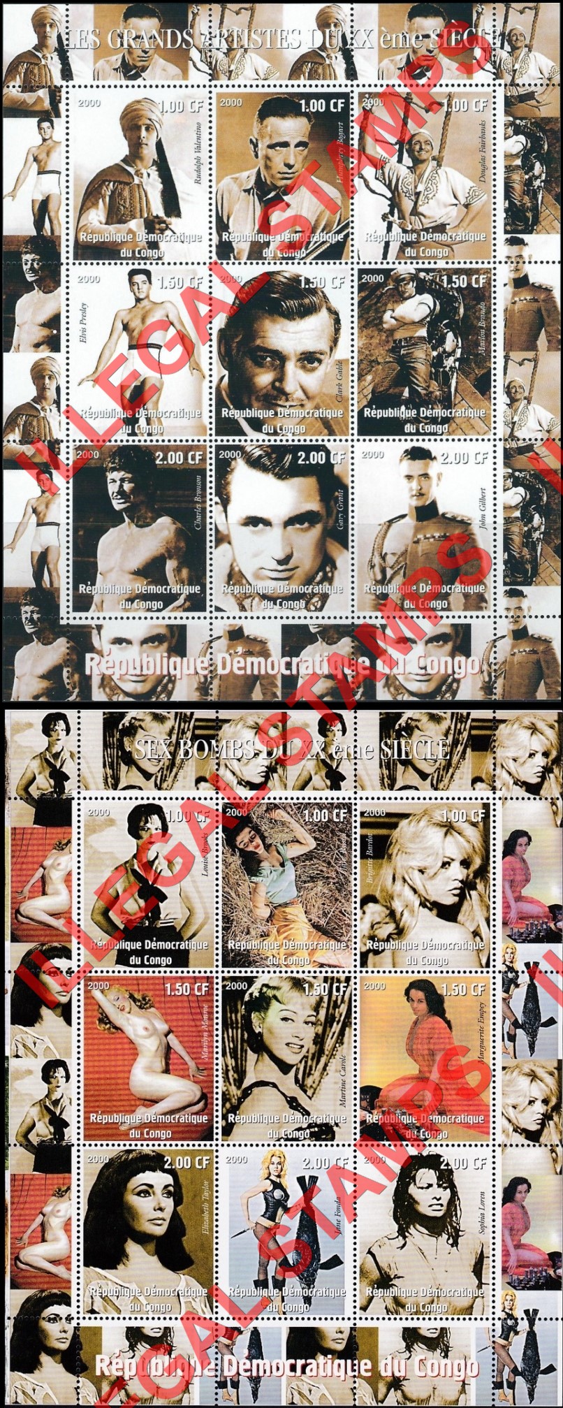 Congo Democratic Republic 2000 Movie Stars Illegal Stamp Sheets of 9