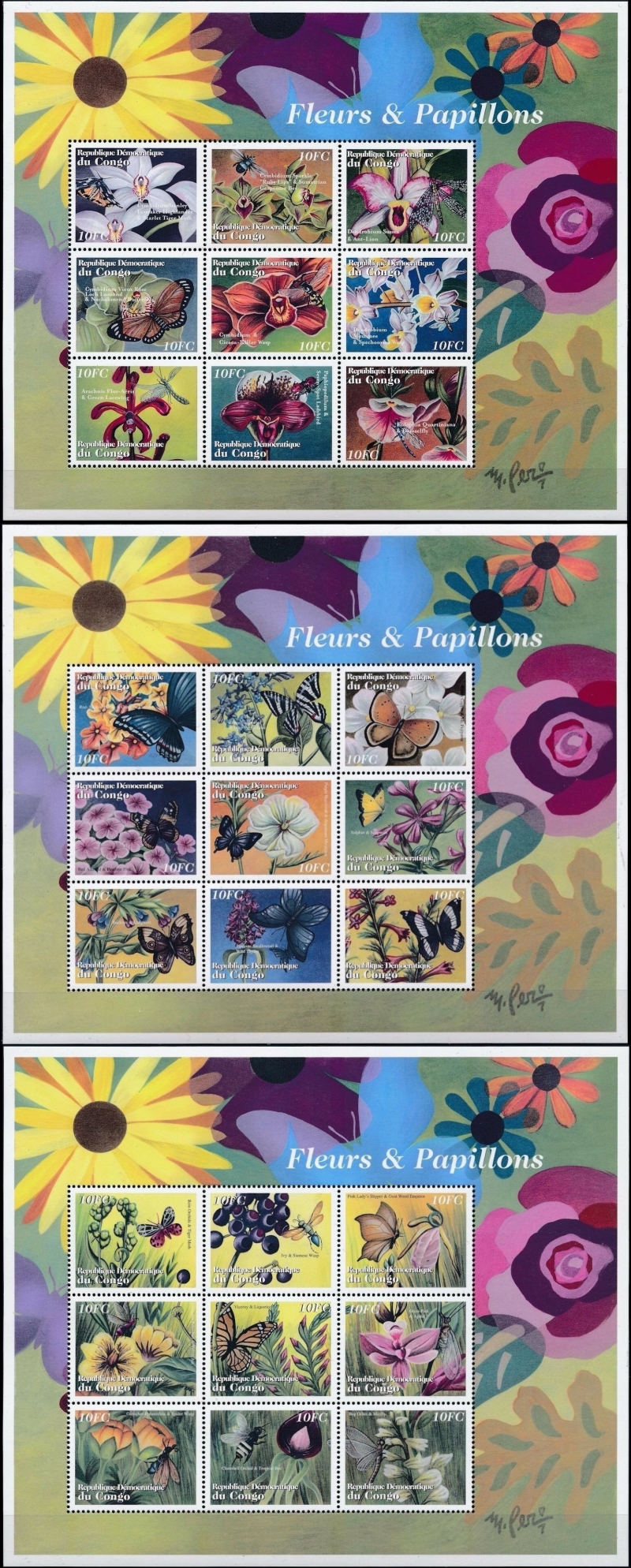 Congo Democratic Republic 2001 Flowers and Insects Sheets of 9 Scott Number 1607-1609
